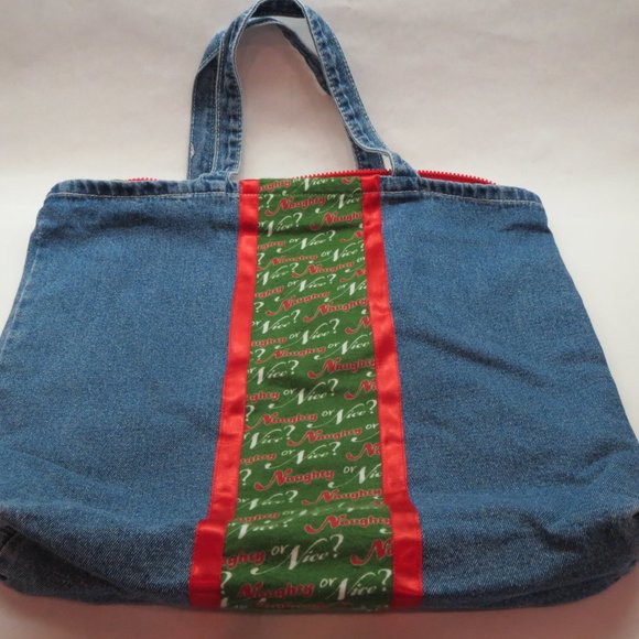 Naughty or Nice Hand-Crafted Lined Denim Zippered NEW Holiday Tote Bag - Picture 3 of 4